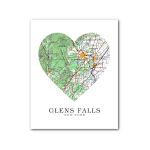 Glens Falls carte coeur impression, Glens Falls carte Art, carte de New York, impression carte coeur, cadeau de Glens Falls, amour Art de New York, 8 x 10 pouces, sans cadre
