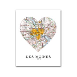 Des Moines carte coeur d’impression, Des Moines carte Art, carte Des Moines, Iowa coeur carte d’impression, Des Moines carte cadeau, amour dans l’Iowa, 8 x 10 pouces, sans cadre