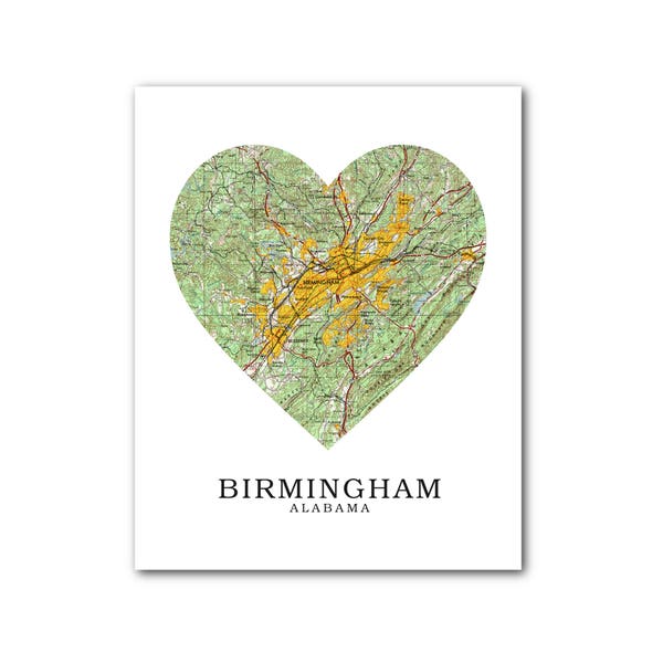 Birmingham Map Heart Print, Birmingham Map Art, Alabama Map, Heart Map Print, Birmingham Alabama Map, Alabama, 8 x 10 inches, Unframed