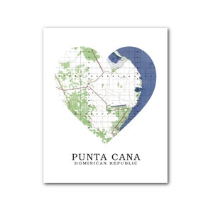 Punta Cana carte coeur impression, République dominicaine carte Art, impression carte coeur, cadeau de Punta Cana, 8 x 10 pouces, sans cadre