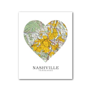 Nashville Carte coeur impression, Art carte Nashville, Nashville Tennessee carte, impression carte coeur, cadeau carte de Nashville, TN amour, 8 x 10 pouces, sans cadre