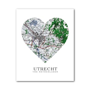 Utrecht Carte coeur impression, Utrecht Carte Art, Carte Holland, Pays-Bas coeur carte impression, Utrecht Carte, amour Hollande, 8 x 10 pouces, sans cadre