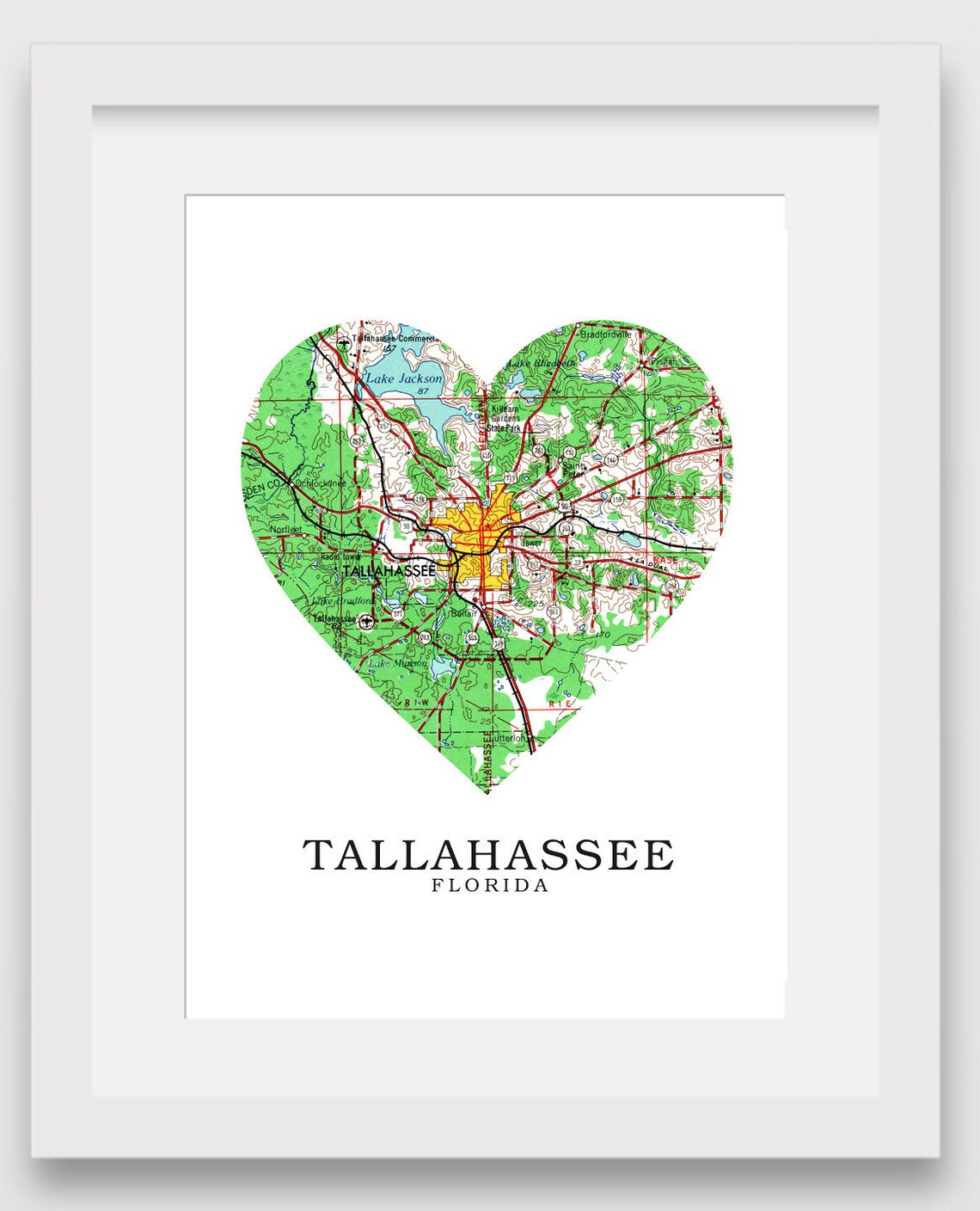 Tallahassee Map Heart Print Tallahassee Map Art Florida Map Etsy