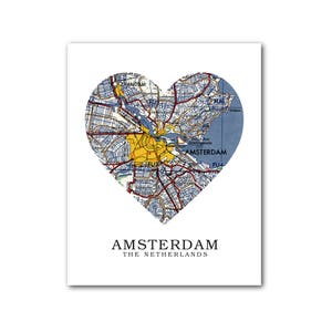 Amsterdam carte coeur impression, Amsterdam carte Art, Carte Holland, Pays-Bas coeur carte impression, Amsterdam carte, amour Hollande, 8 x 10 pouces, sans cadre