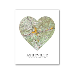 Asheville carte coeur impression, Asheville carte Art, Asheville carte, carte coeur d’impression, carte de Caroline du Nord, amour Asheville Art, 8 x 10 pouces, sans cadre