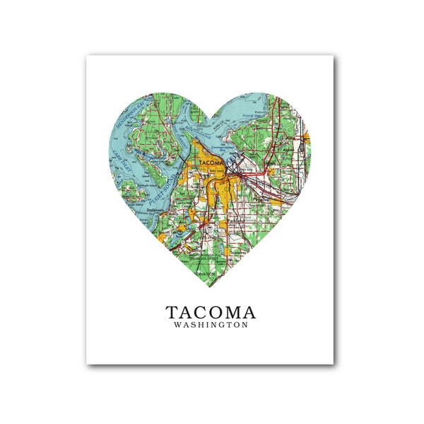 Tacoma Map Heart Print, Washington Map Art, Tacoma Washington Map, Heart Map Print, Washington Map Gift, Tacoma WA, 8 x 10 inches, Unframed