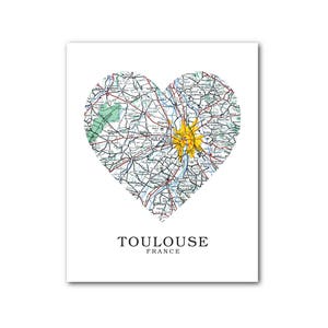 Toulouse carte coeur impression, Toulouse carte Art, carte de Toulouse, France coeur carte impression, Toulouse carte cadeau, Toulouse en France, 8 x 10 pouces, sans cadre