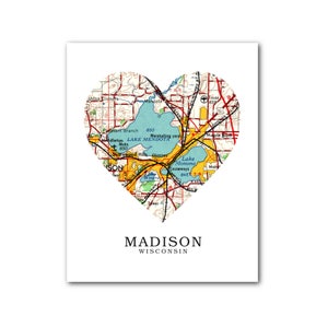 Madison Wisconsin carte coeur imprimée, Madison carte Art, Madison Map, impression carte coeur, carte de Wisconsin, amour Madison, 8 x 10 pouces, sans cadre