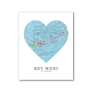 Key West carte coeur impression, Key West FL carte Art, Florida carte, carte de coeur, carte de Key West, amour Floride, Key West FL, 8 x 10 pouces, sans cadre