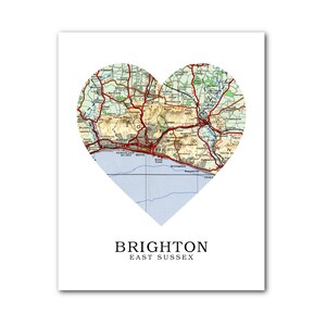 Brighton carte coeur impression, Brighton carte Art, carte de Sussex, Sussex coeur carte impression, East Sussex carte cadeau, 8 x 10 pouces, sans cadre