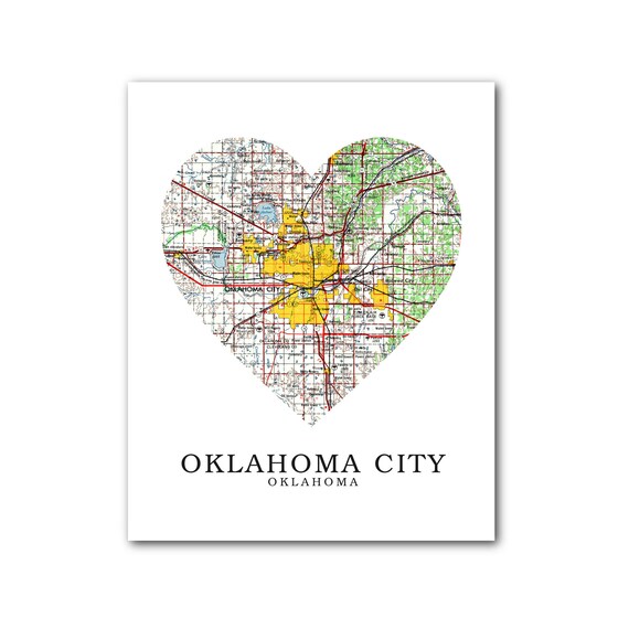 Oklahoma City Map Heart Print Oklahoma Map Art Oklahoma Map  Etsy