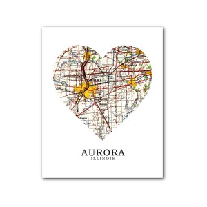 Aurore carte coeur impression, Illinois carte Art, Aurora Illinois carte, impression carte coeur, Aurora carte cadeau, Art de l’amour de l’Illinois, 8 x 10 pouces, sans cadre