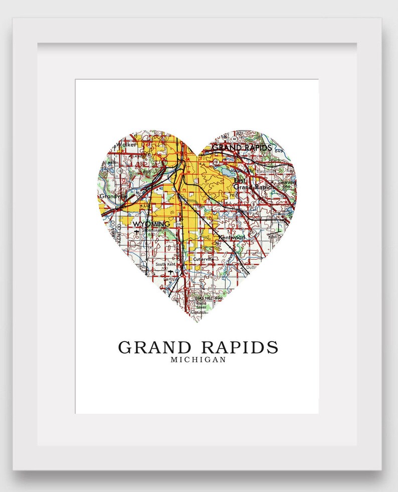 Grand Rapids Map Heart Print Grand Rapids Map Art Michigan Etsy