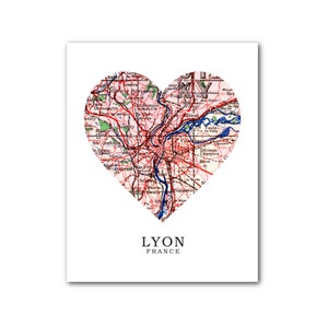 Lyon carte coeur imprimée, Lyon carte Art, carte, France Lyon coeur carte imprimée, Lyon carte cadeau, Lyon France, amour, Art Lyon, 8 x 10 pouces, sans cadre