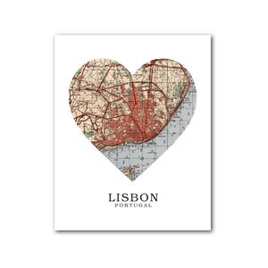 Lisbonne carte coeur impression, Art carte Portugal, Lisbonne Portugal carte, impression carte coeur, Lisbonne carte cadeau, Art de l’amour de Lisbonne, 8 x 10 pouces, sans cadre