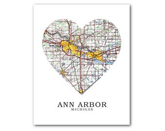 Ann Arbor Map Heart Print, Ann Arbor Map Art, Michigan Map, Heart Map Print, Ann Arbor Michigan Map, Michigan, 8 x 10 inches,Unframed