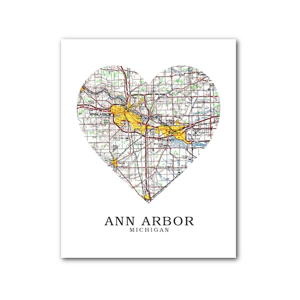 Ann Arbor Map Heart Print, Ann Arbor Map Art, Michigan Map, Heart Map Print, Ann Arbor Michigan Map, Michigan, 8 x 10 inches,Unframed