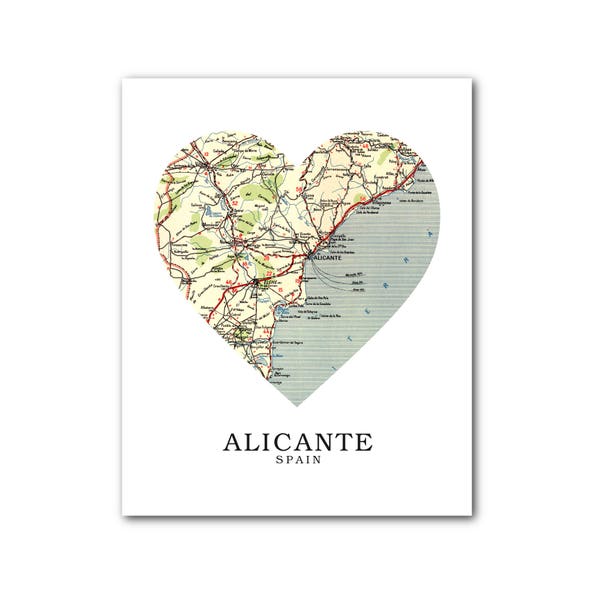 Alicante Carte coeur impression, Art carte Espagne, Alicante Espagne carte, impression carte coeur, Espagne carte cadeau, Art Alicante, Alicante, 8 x 10 pouces, sans cadre
