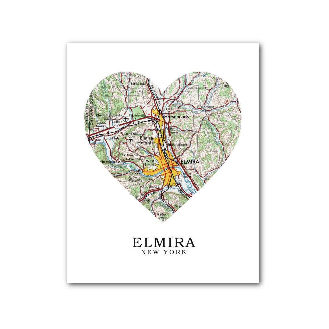 Elmira Map Heart Print, New York Map Art, Elmira Map, Heart Map Print