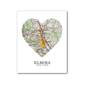 Elmira carte coeur impression, Art de carte de New York, carte Elmira, impression carte coeur, New York carte cadeau, Elmira Art de New York, 8 x 10 pouces, sans cadre