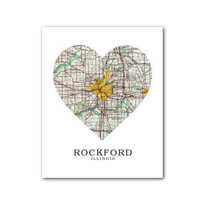 Rockford carte coeur impression, Art carte Rockford, Illinois carte, impression carte coeur, Rockford carte cadeau, Art de l’amour de l’Illinois, 8 x 10 pouces, sans cadre