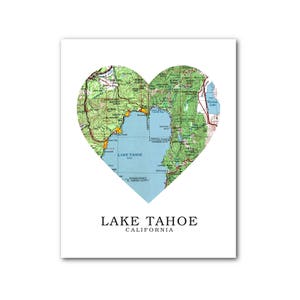 Lake Tahoe carte coeur impression, Lake Tahoe carte Art, carte de Californie, CA coeur carte d’impression, le lac Tahoe en Californie carte cadeau, 8 x 10 pouces, sans cadre