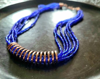Necklace multi-stranded Rocailles copper spiral