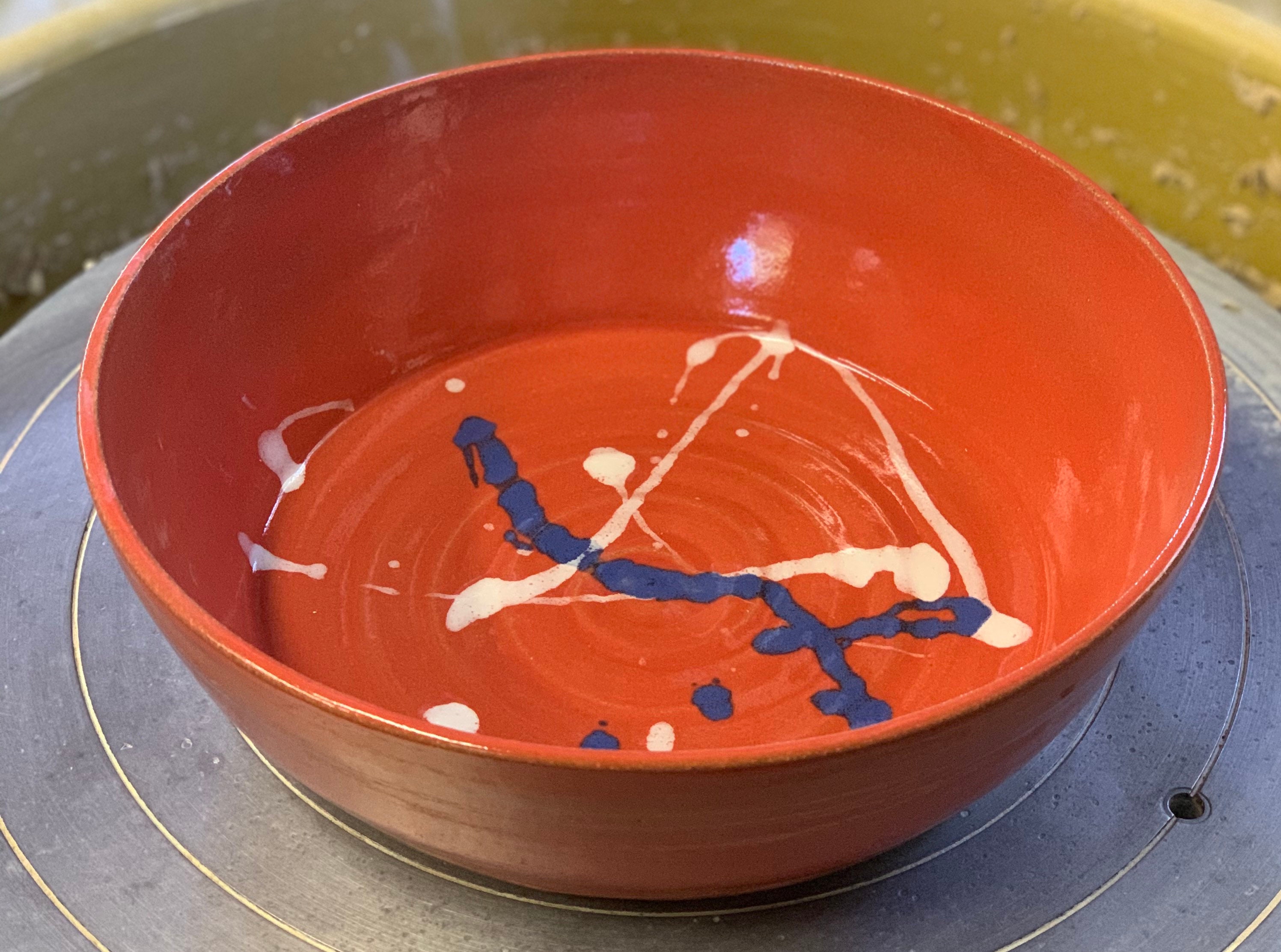 Large Orange Ceramic Bowl With Blue and White Accents Etsy
