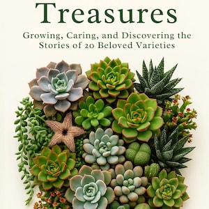 May include: A book cover titled "Succulent Treasures" with the subtitle "Growing, Caring, and Discovering the Stories of 20 Beloved Varieties." The cover features a vibrant arrangement of various succulents in shades of green, gray, and red, with a starfish.