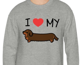 Dachshund Shirt Sweatshirt I love my Long Haired Doxie Chocolate and Tan Weenie dog Wiener Gift Graphic Tee doxie shirt cute