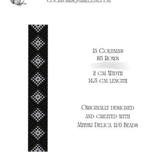 May include: A black and white loom bracelet pattern with diamond designs. The pattern is 2 cm wide and 14.5 cm long, with 13 columns and 85 rows. The text reads "Subtle Black Diamonds" and "Miyuki Delica 11/0 Beads."