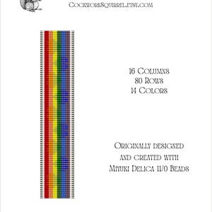 May include: A page from a loom bracelet pattern titled "Rainbow Hearts (Medium)" with a colorful beaded design. The design features 16 columns, 80 rows, and 14 colors. The pattern is designed with Miyuki Delica 11/0 beads.