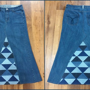 Women&#39;s Up-cycled Denim Jean Skirt With Patchwork Denim Inserts