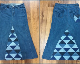 Damen Up-cycled Denim Jean Rock mit Patchwork Denim Einsätze