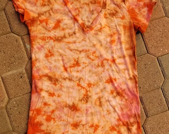 Camiseta naranja/rosa/tan tie dye para mujer V cuello