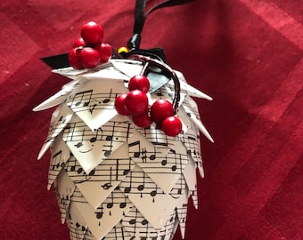 Handmade Origami Sheet Music Christmas Ornament Pinecone.  The perfect gift for your music teacher or someone who loves music.