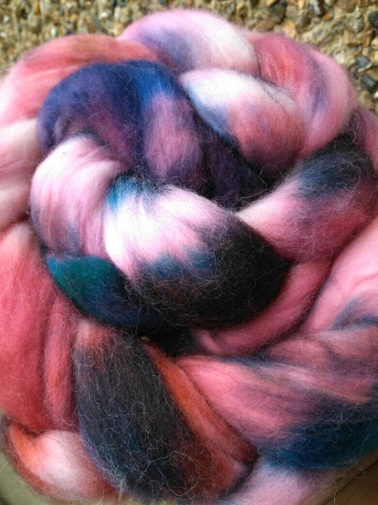 Hand dyed spinning fibre braid.