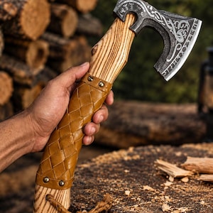 May include: A hand axe with a dark metal head featuring intricate etched patterns and runes. The handle is made of light-coloured wood with a visible grain, wrapped in a tan woven leather grip secured by metal rivets, and includes a leather cord.