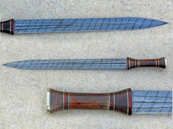 Épée Romaine Gladius En Acier Damas - Faite Main - Lame Double - Épée De Chasse/camping