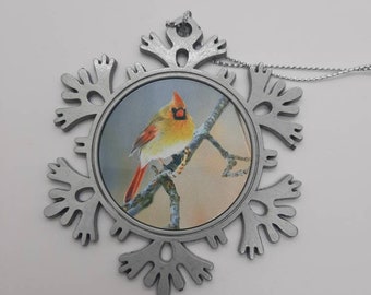 A 3" Pewter Christmas ornament with a image of female cardinal. Holiday gifts, Christmas ornaments. Bird ornaments