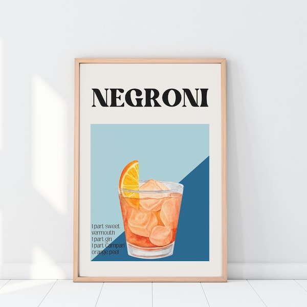 Retro Negroni Cocktail Print, Negroni Poster, Digital download, Negroni vintage poster, Vintage wall art, Negroni printable, kitchen decor