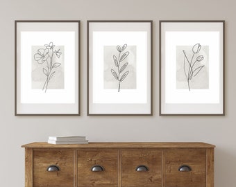 Impresiones de pared neutras Conjunto de 3 impresiones, Impresiones de pared botánicas, Arte de línea botánica, Decoración del hogar beige, Descarga digital,
