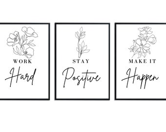 Minimalistische kantoorafdrukken I Positieve muurkunst I Afdrukbare muurkunstset van 3 I Inspirerend citaat I Minimalistisch botanisch blad I Kantoorprint