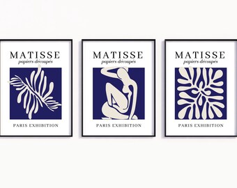 May include: Three framed prints with the text "MATISSE papiers découpés PARIS EXHIBITION". Each print features a different abstract design in white on a dark blue background.