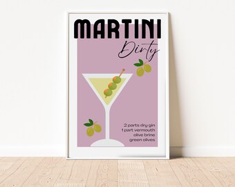 Retro Dirty Martini Cocktail Print, Digital download, Martini Poster, Unframed vintage wall art, Dirty Martini printable art, kitchen decor