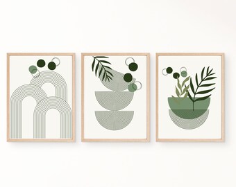 Conjunto de 3 arte de pared minimalista, arte geométrico, impresiones de pared verde salvia, decoración de pared verde, impresiones boho, verde salvia, decoración de pared boho beige
