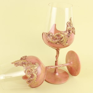Rose Gold Wine Glasses, Wine Goblets, 50th Anniversary Wine Glass Set, Wedding Day Glasses, Wedding Anniversary Gift, Vintage Hand Painted