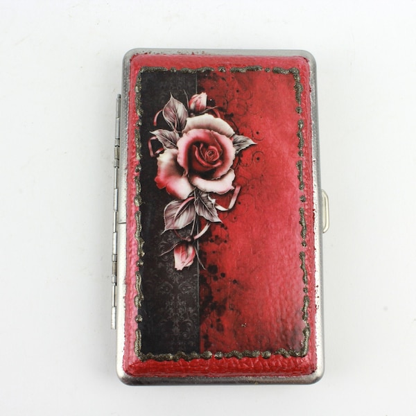 Étui à cigarettes rose rouge et noire, boîte à cigarettes décorée, porte-cigarette en métal, boîte à cigarettes recto-verso, porte-monnaie pour carte de visite
