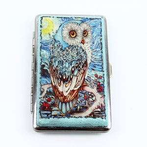 Eule Zigaretten Etui, Metall Silber Zigarettenhalter, Verzierte Zigarettenschachtel, Decoupage doppelseitige Zigarettenschachtel, Visitenkarte Ausweis Brieftasche