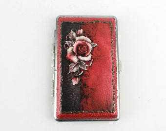 Étui à cigarettes rose rouge et noire, boîte à cigarettes décorée, porte-cigarette en métal, boîte à cigarettes recto-verso, porte-monnaie pour carte de visite